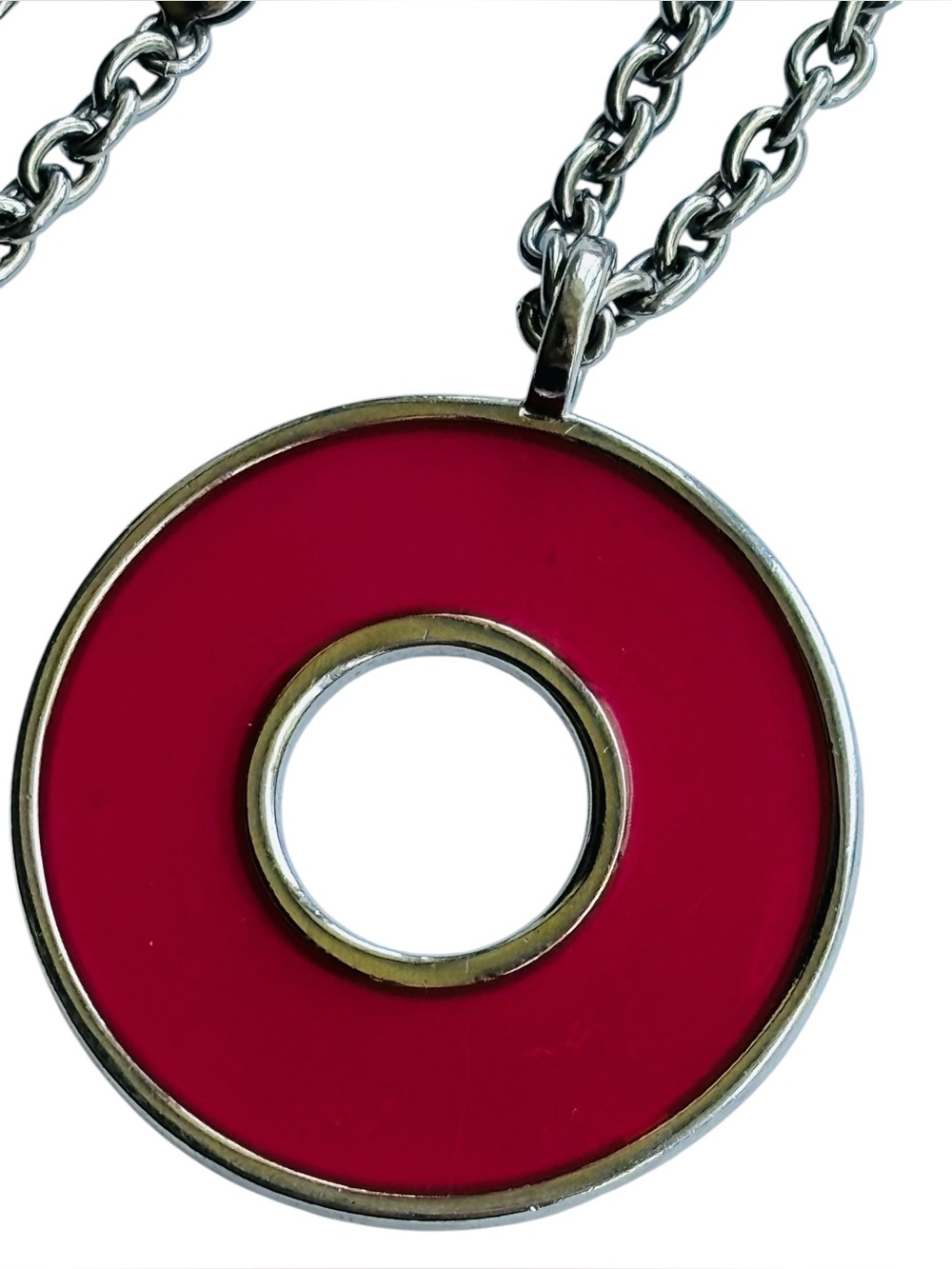 DYRBERG KERN Red Enamel Circular Hoop Pendant Necklace Silver Tone Modernist 35”